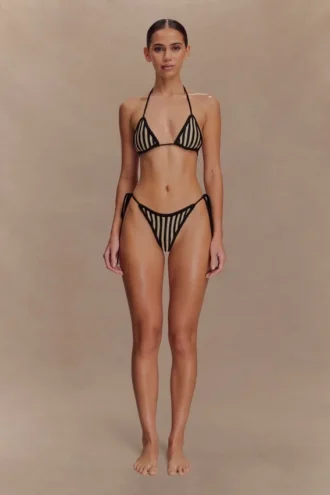 Braguita de bikini con lazo de ganchillo Corrie – Rayas negras y neutras