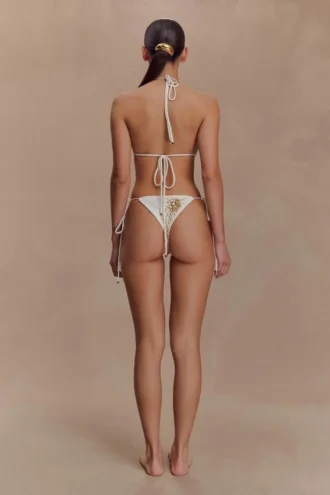 Braguita de bikini de ganchillo Huntleigh – Estampado Sunshine en blanco y dorado