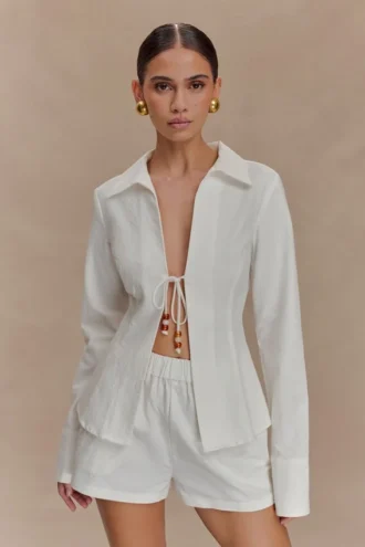 Camisa de algodón con cordones y abalorios Annalee – Blanco