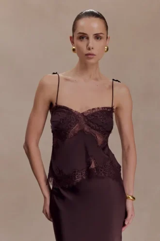 Camisola Nina de satén y encaje – Chocolate