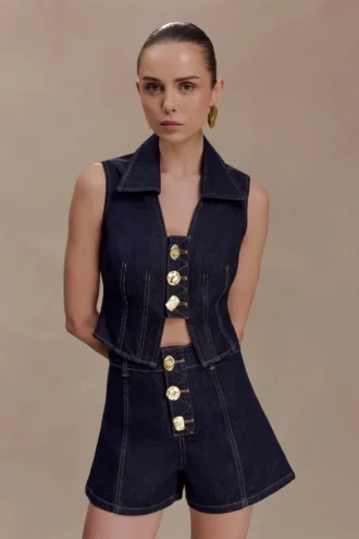 Chaleco Denim Shona con botones decorativos – Azul índigo lavado