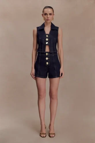 Pantalones cortos de Denim de cintura media – Azul índigo lavado