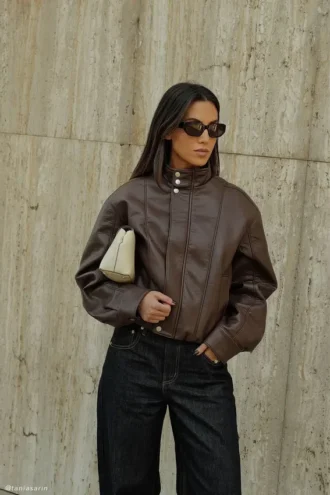 Chaqueta bomber de imitación de cuero Curtis – Chocolate oscuro