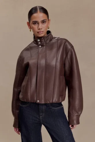 Chaqueta bomber de imitación de cuero Curtis – Chocolate oscuro