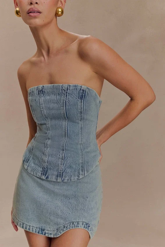Corsé de Denim bordado Alessia – Light Vintage Corsé de Denim bordado Alessia – Light Vintage