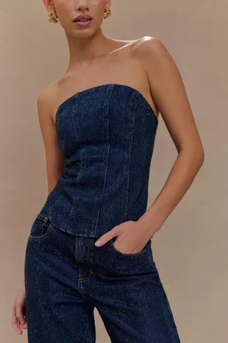 Corsé de Denim con diamantes sin tirantes Monte – Azul medianoche