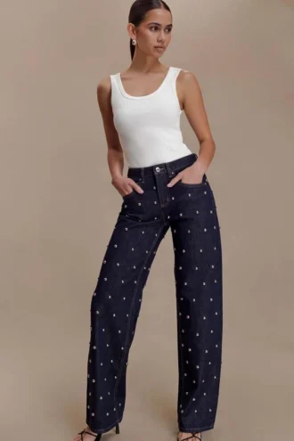 Denim de tiro medio con tachuelas Alima – Azul índigo lavado