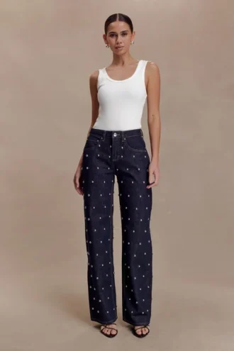 Denim de tiro medio con tachuelas Alima – Azul índigo lavado