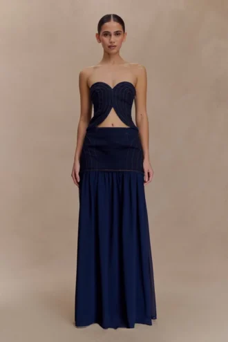 Falda larga de Denim y gasa Tully – Azul índigo