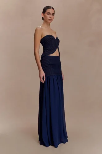 Falda larga de Denim y gasa Tully – Azul índigo