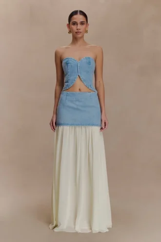 Falda larga de gasa y Denim Tully – Azul 80’s