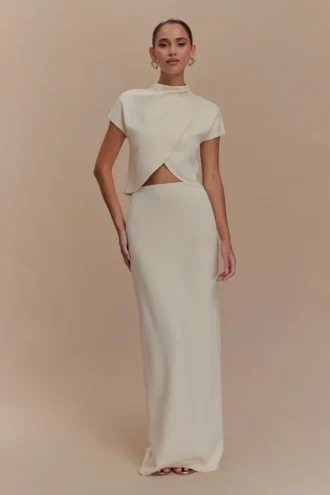 Falda larga de jersey scuba Eris – Marfil
