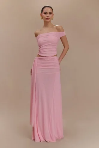 Falda larga de malla Arna – Rosa caramelo