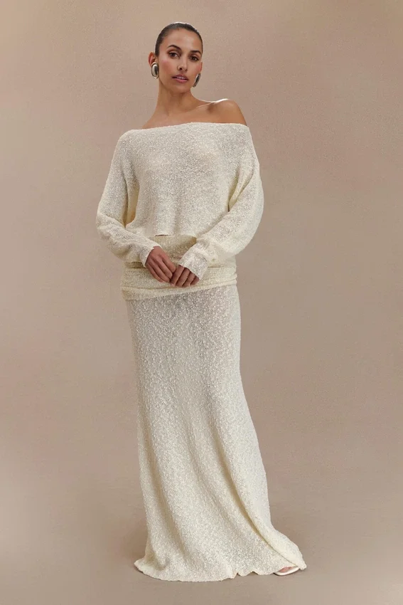 Falda larga de punto fruncida Petra – Marfil Falda larga de punto fruncida Petra – Marfil