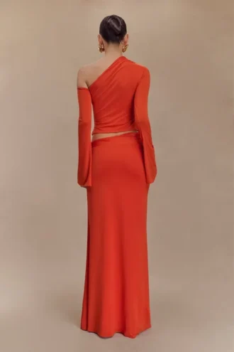 Falda maxi asimétrica Ainsley con adornos florales – Naranja quemado