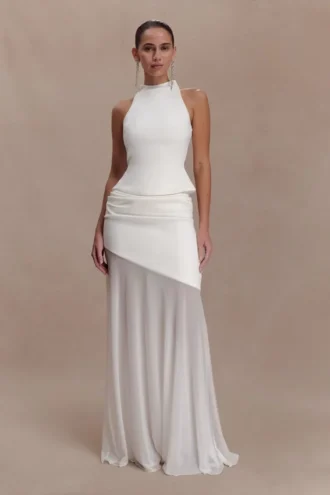Falda maxi Portia de neopreno y malla – Blanca