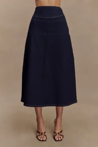 Falda midi acampanada de Denim Cecilia – Azul índigo