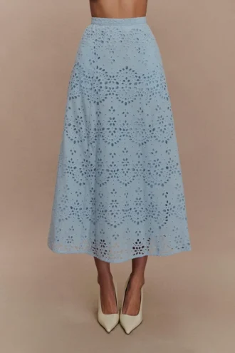 Falda midi Arla Broderie – Azul aciano pálido