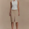 Falda midi con abertura delantera de sarga Vera – Camel Falda midi con abertura delantera de sarga Vera – Camel