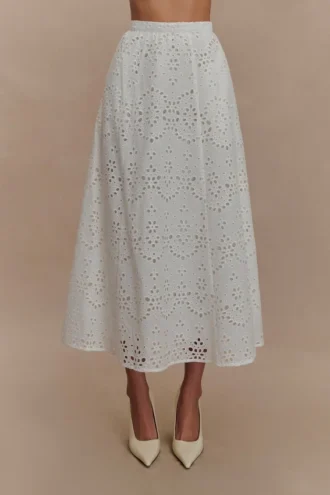 Falda midi con bordados Arla – Blanca