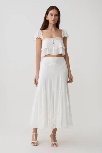 Falda midi con paneles de encaje Skylar – Blanca