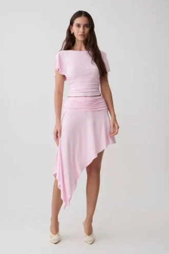 Falda midi con volantes de modal Talise – Rosa ballet