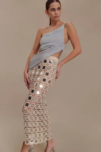 Falda midi de punto espejado Noel – Beige
