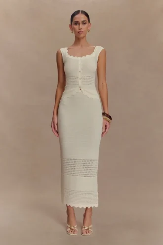 Falda midi de punto festoneado Madeline – Marfil