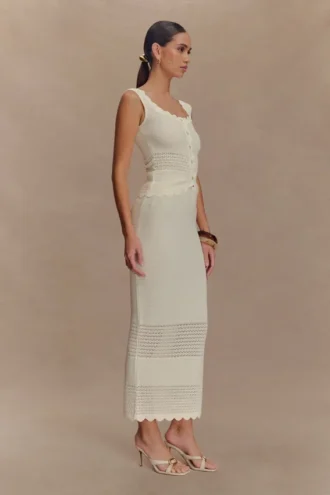 Falda midi de punto festoneado Madeline – Marfil