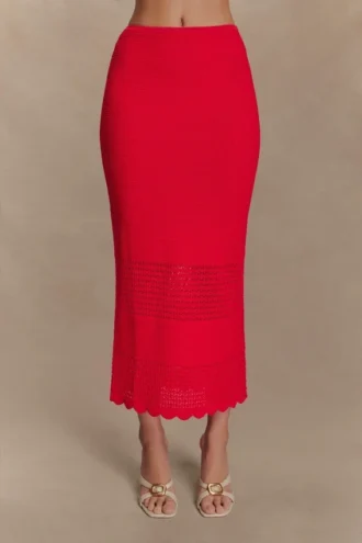 Falda midi de punto festoneado Madeline – Rojo