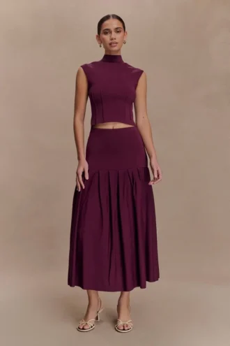 Falda midi de punto vendaje Romaine – Burdeos