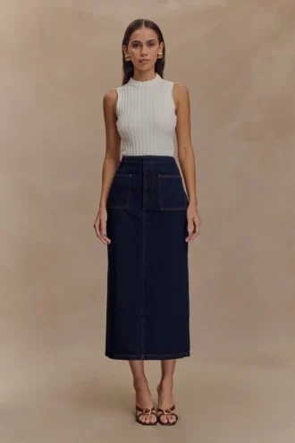 Falda midi Denim Fallon – Azul índigo