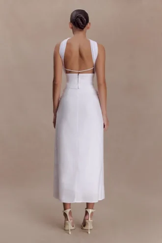 Falda midi drapeada de lino Talia – Blanca