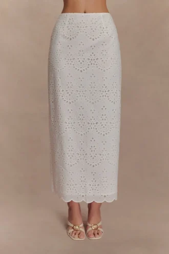 Falda midi Kensley Broderie – Blanca