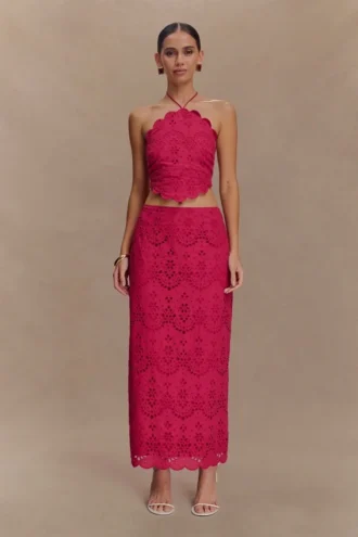Falda midi Kensley Broderie – Dragonfruit
