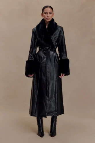 Gabardina de imitación de cuero Bec con pelo sintético – Negro