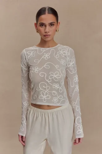 Jersey de manga larga con bordados Omari – Marfil