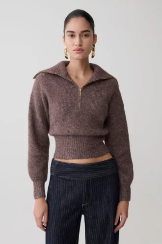Jersey de punto con cremallera Skylaine – Marrón jaspeado