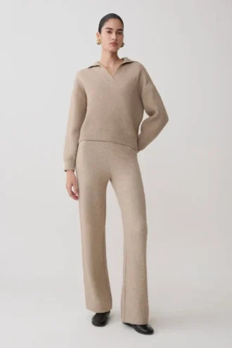 Pantalones de punto de pierna ancha Evan – Beige jaspeado
