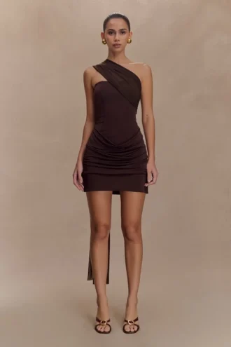 Mini vestido Mattea de malla y tejido elástico con pañuelo – Chocolate oscuro