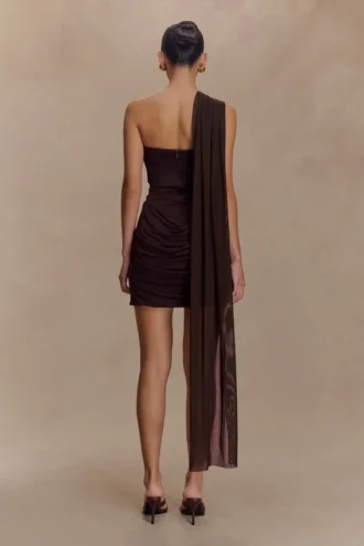 Mini vestido Mattea de malla y tejido elástico con pañuelo – Chocolate oscuro