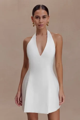 Minivestido de algodón con cuello halter Nelly – Blanco