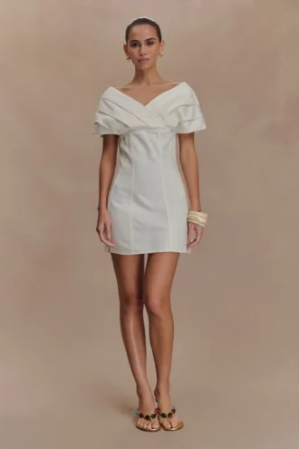 Minivestido de Denim con hombros descubiertos Pascale – Blanco Minivestido de Denim con hombros descubiertos Pascale – Blanco