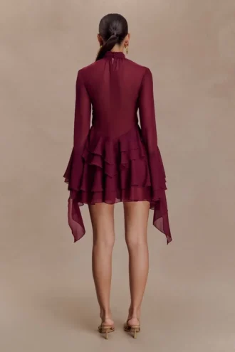 Minivestido de gasa con volantes Nimah – Vino