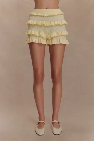 Pantalones bombachos con volantes de punto calado Amy – Limón