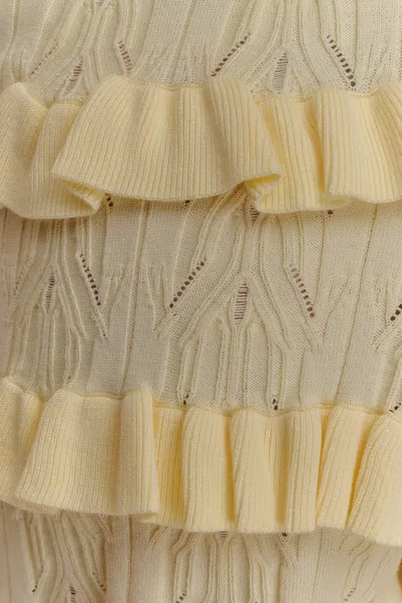Pantalones bombachos con volantes de punto calado Amy – Limón Pantalones bombachos con volantes de punto calado Amy – Limón