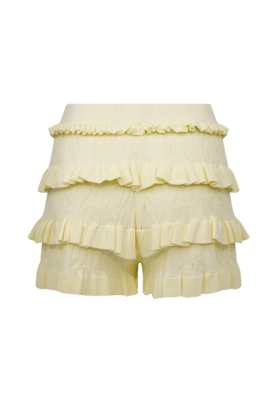 Pantalones bombachos con volantes de punto calado Amy – Limón Pantalones bombachos con volantes de punto calado Amy – Limón