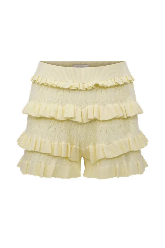 Pantalones bombachos con volantes de punto calado Amy – Limón Pantalones bombachos con volantes de punto calado Amy – Limón