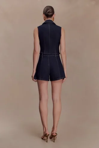 Pantalones cortos de Denim de cintura media – Azul índigo lavado