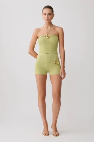 Pantalones cortos de punto Dimitri con cinturón – Verde oliva claro